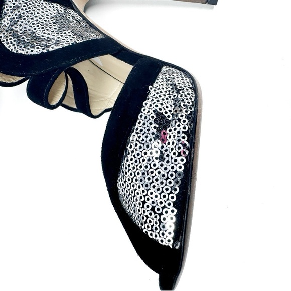 JIMMY CHOO Silver Sequin Black Suede Cut Out Temptress Stiletto Heels 37.5 - Picture 6 of 11